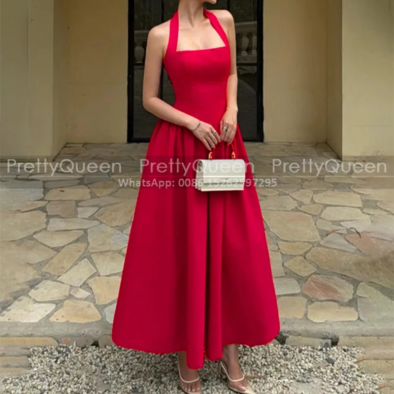 

A Line Bridesmaid Dresses Halter Sleeveless Ankle Length Customized Long Red Satin Wedding Party Dress