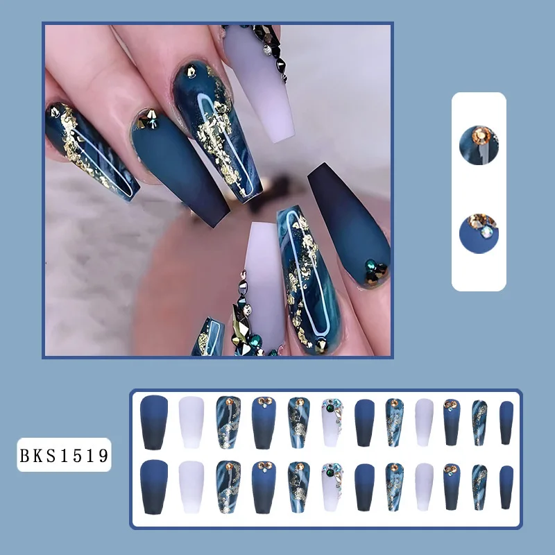 24pcs Extra Long Acrylic Fake Nails False Nails with Glue Luxury Presss on Nail with Rhinestone Blue Gold Glitter Reusable Woman