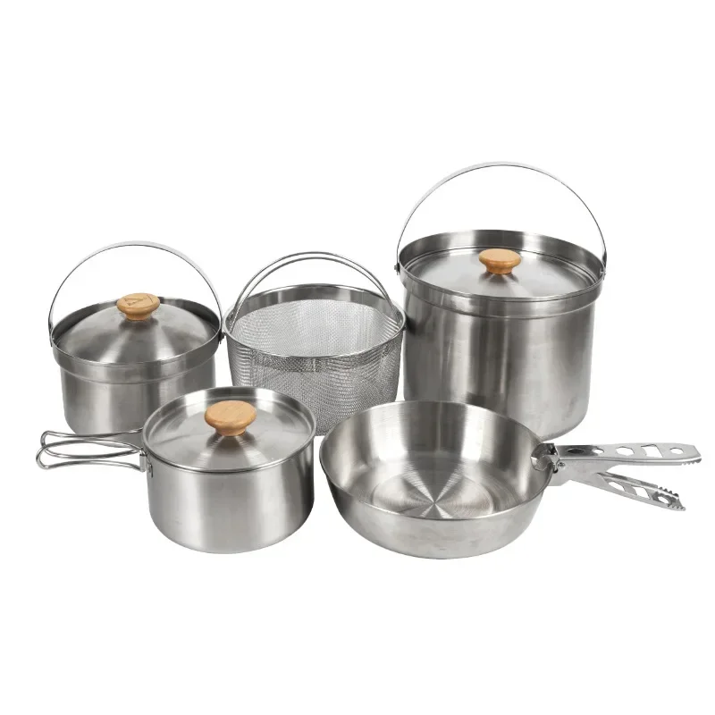 5PCS Camping Pot Set Stainless Steel Portable Multi Soup Frying Steaming Cookware Kit Outdoor Picnic Self-Driving Household Use
