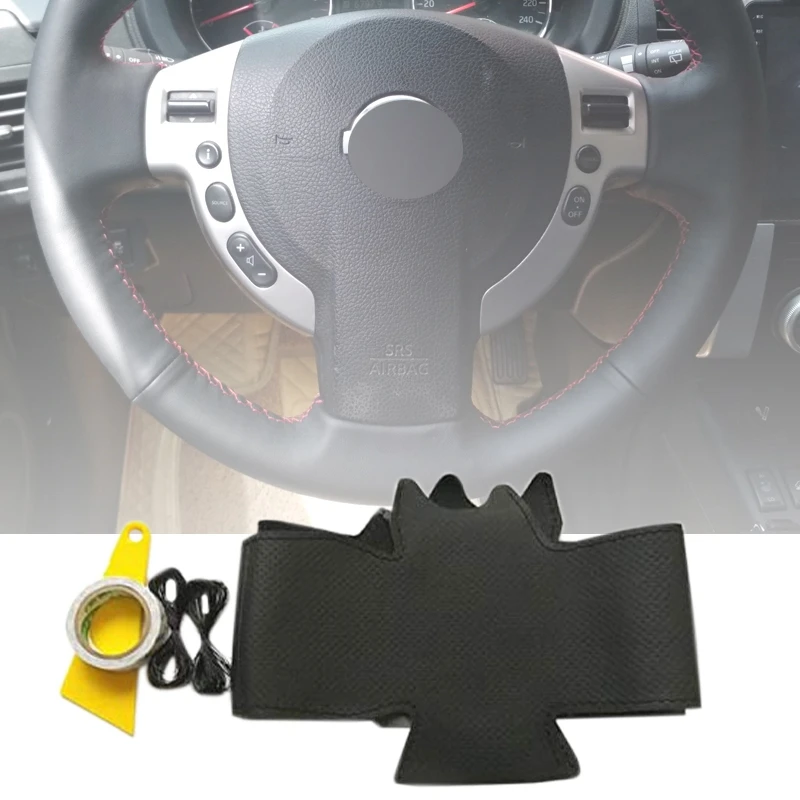 Car handmade DIY sewing steering wheel cover with hole black thread for Nissan Qashqai J10 J11 X-Trail T31 NV200