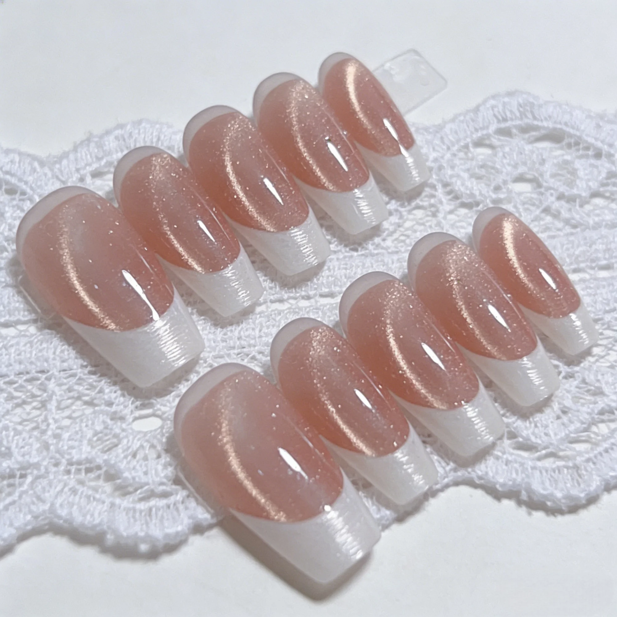10pcs French White Handmade Nails Nude Cat-Eye Glitter Press on Nail Middle Ladder Fake Nail for Women&Girl False Nail Art