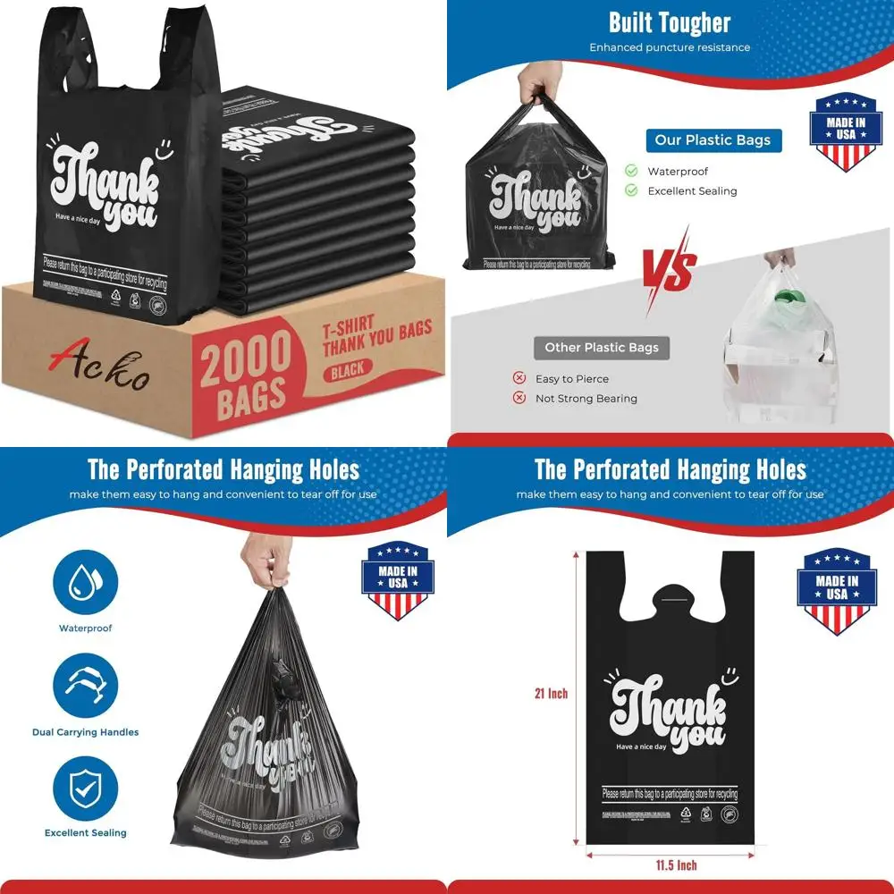 

2000 Pack Black Plastic Tote Bags, 11.5x6.5x21, 4 Gallon Capacity, Ideal for Grocery, Takeout, and Office Use