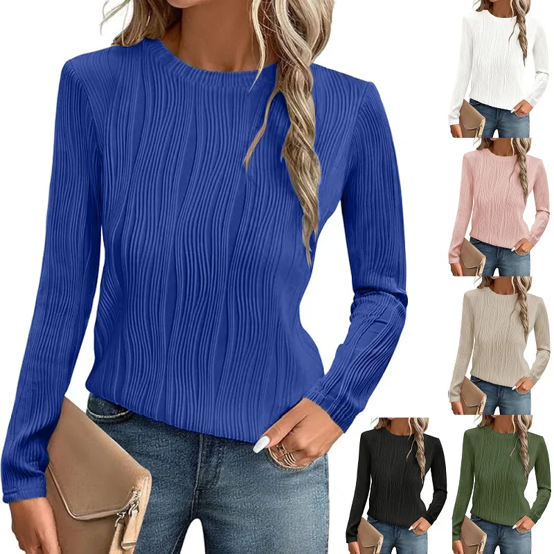 

Cross-Border Women's Long Sve round Ne Color T-irt Autumn Winter New Sle Couple Suitable Tee-acetate Fiber 00%