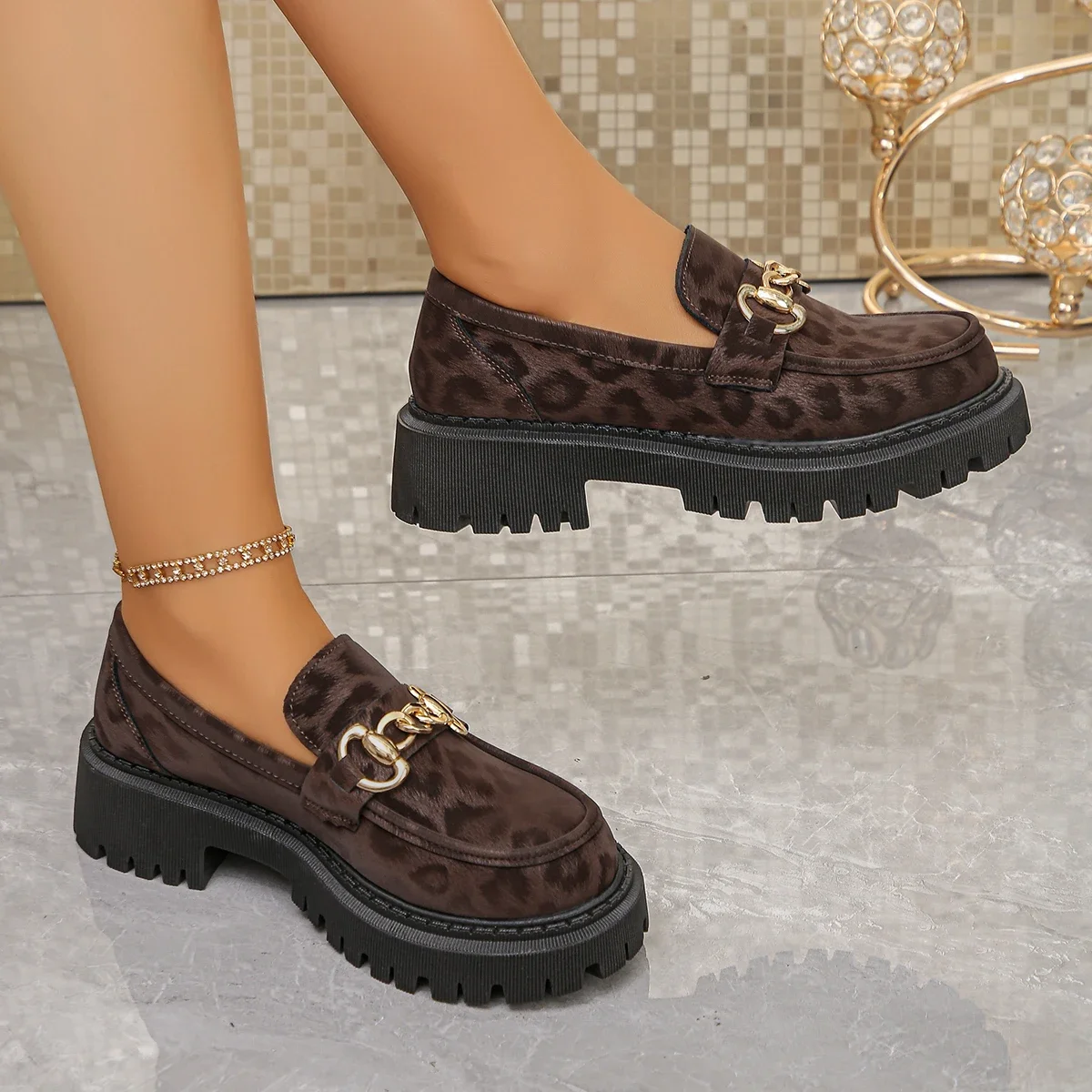 Damen-Mode Leoparden-Patchwork Slip-on Loafer mit Blockabsatz und Plateau 2026 Neue Freizeitschuhe Übergröße 43 – Detail 7