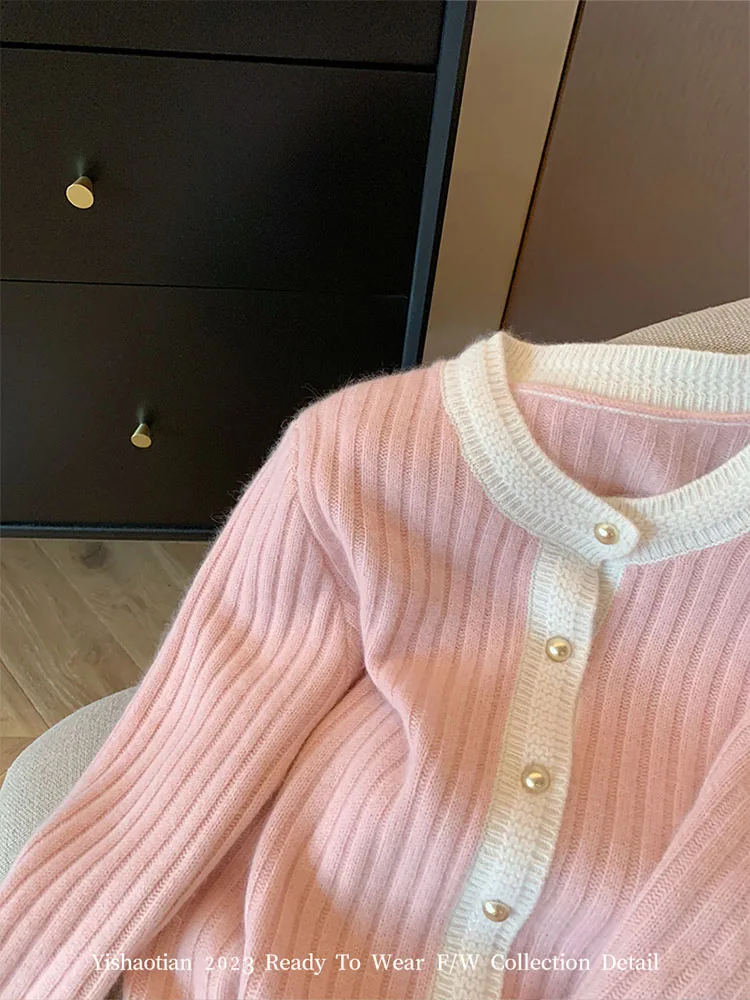 Harajuku Korean Autumn Winter Pink Cashmere Top O-Neck Cozy Casual Sweet Sweater Knitted Cardigans Long Sleeve Mori Girl Style