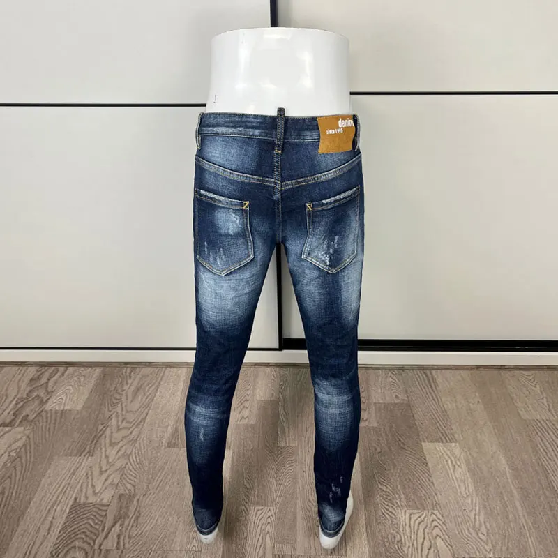 Pantalones vaqueros rasgados elásticos de alta calidad para Hombre, Jeans Vintage de diseñador de moda, azul Retro