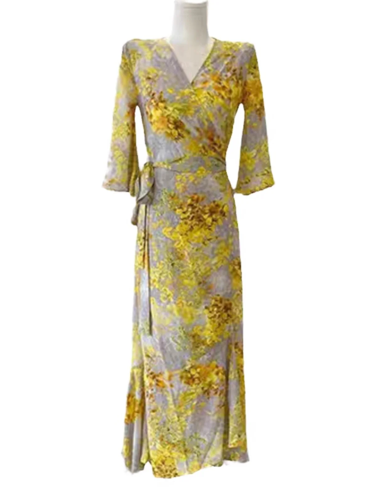 Vestido de playa envolvente de una pieza con estampado floral, estilo bata amarilla, falda midi con cuello en V y cintura alt...