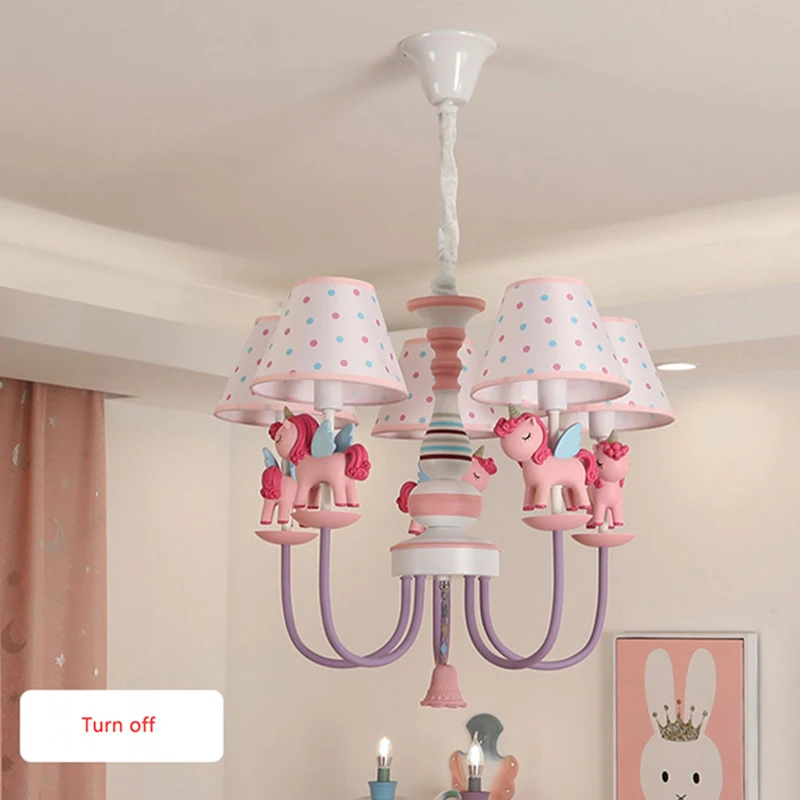 Romantic Children's Room LED Chandelier Lamps Fabric Sconces Resin Horse Princess Bedroom Hanging Light Nursery School Pink