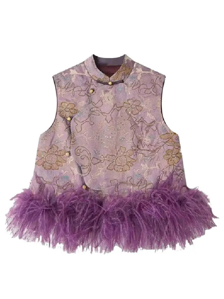 النمط الصيني الأنيق المرأة ستراند طوق سليم صالح الأزهار المطبوعة سترة أعلى ريشة تقسم السيدات الوقوف طوق صدرية خمر