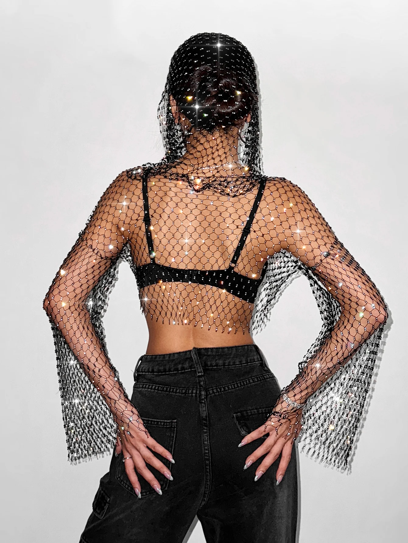 Women Hollow Mesh Hooded Crop Top Shiny Rhinestone See Through Fishnet Long Sleeve V Neck T Shirt Rave Party Club Cover Up