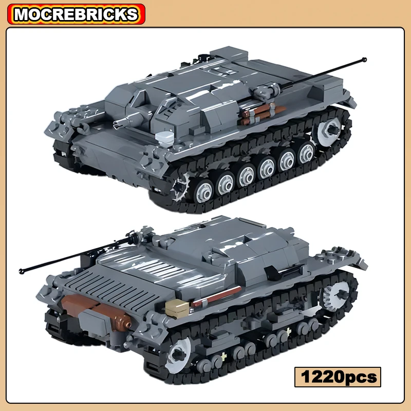 New Creative Building Blocks Stug III Fully Tracked Armored Chariot WW2 Military Gun Tank DIY Technology Bricks Model Kid's Toys