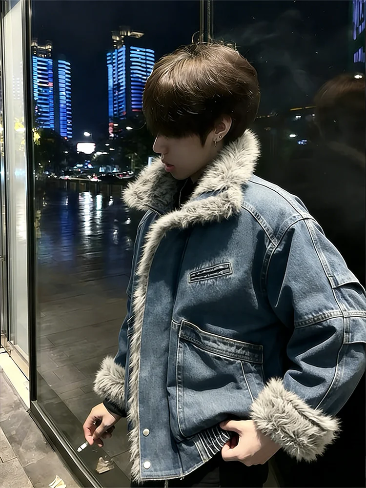 

Waed Thiened American Sle Flannel Collar Men's Denim Jaet Winter Warm Casual Faion Workwear Cotton Jaet