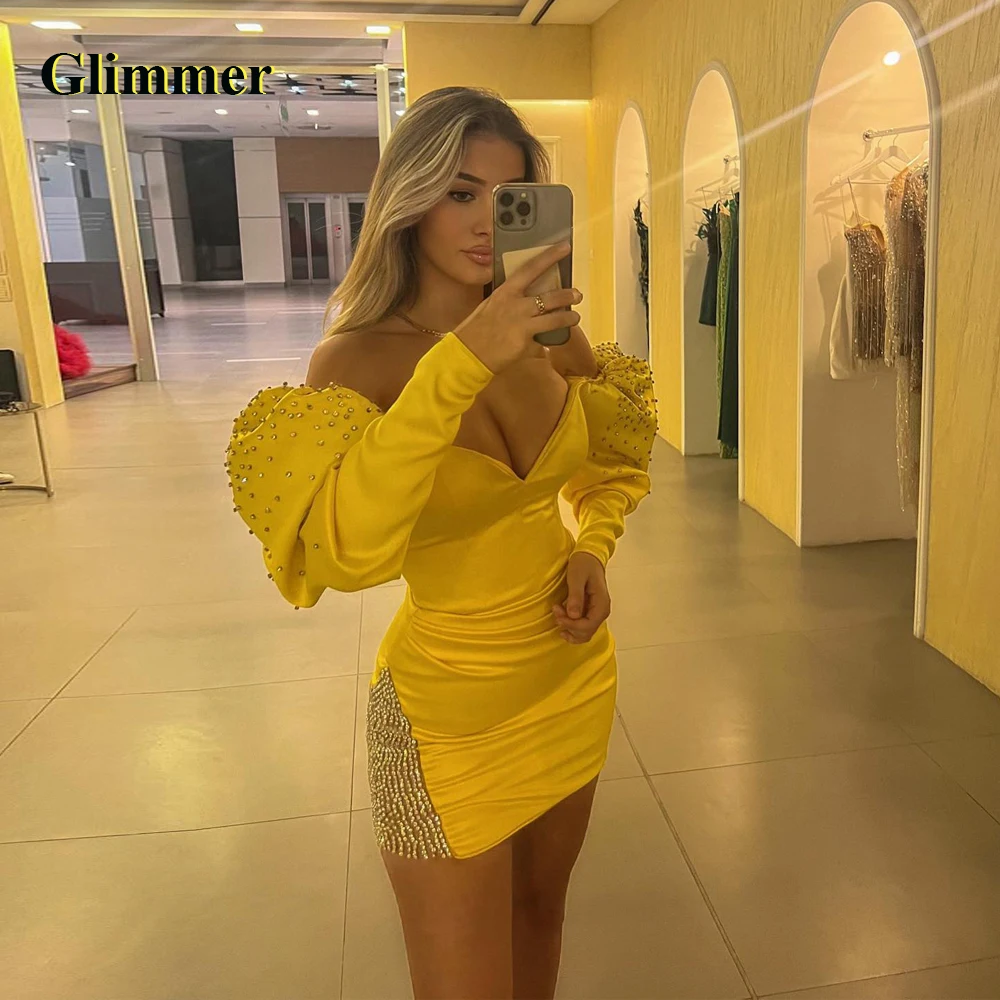 Glimmer Fashionable Column Homecoming Dresses For Women Strapless Lantern Sleeves Rhinestones Vestidos De Gala Customized