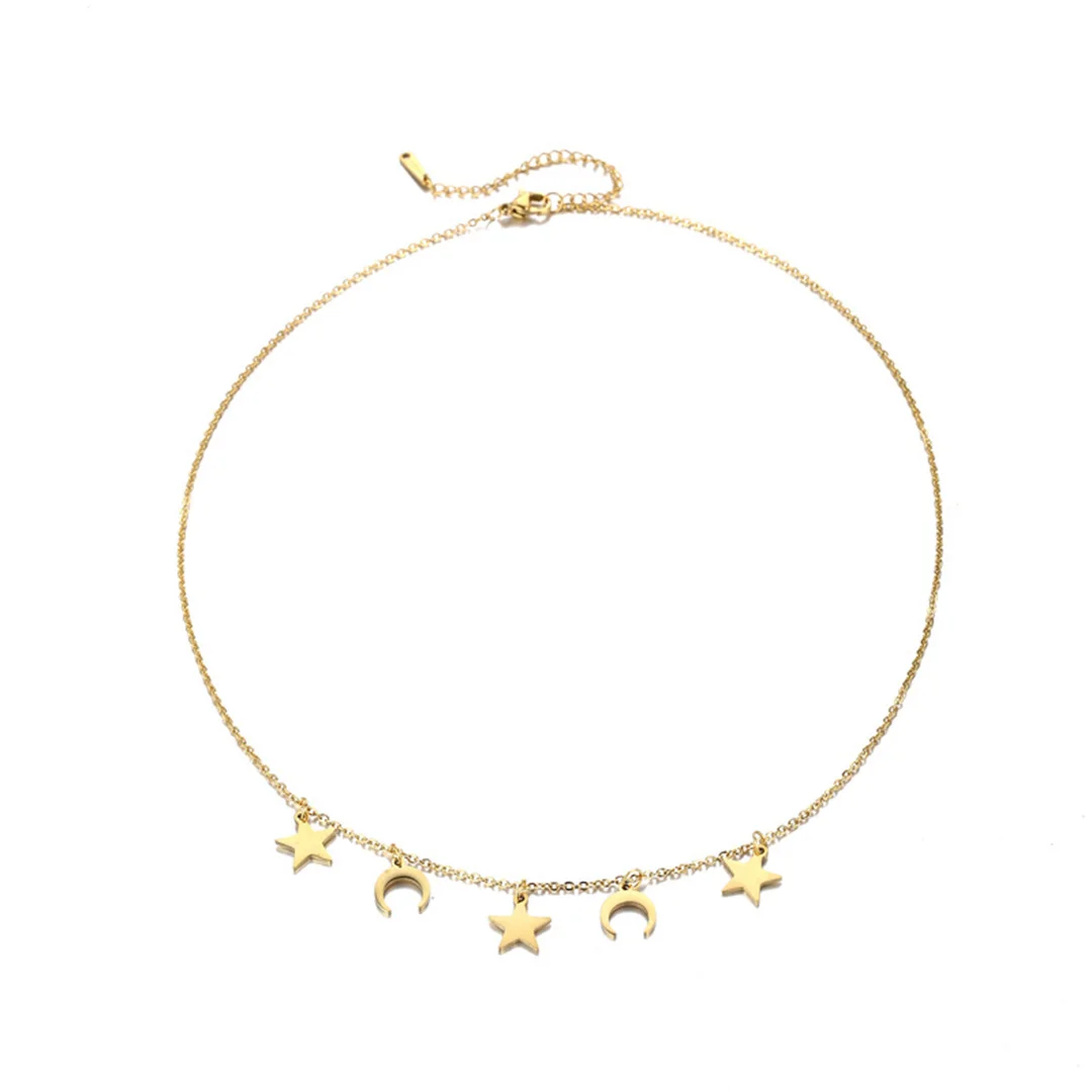 Romantic Small Tiny Statement Crescent Moon Star Pendant Femme Gold Color Stainless Steel Choker Necklace for Woman Jewelry Gift