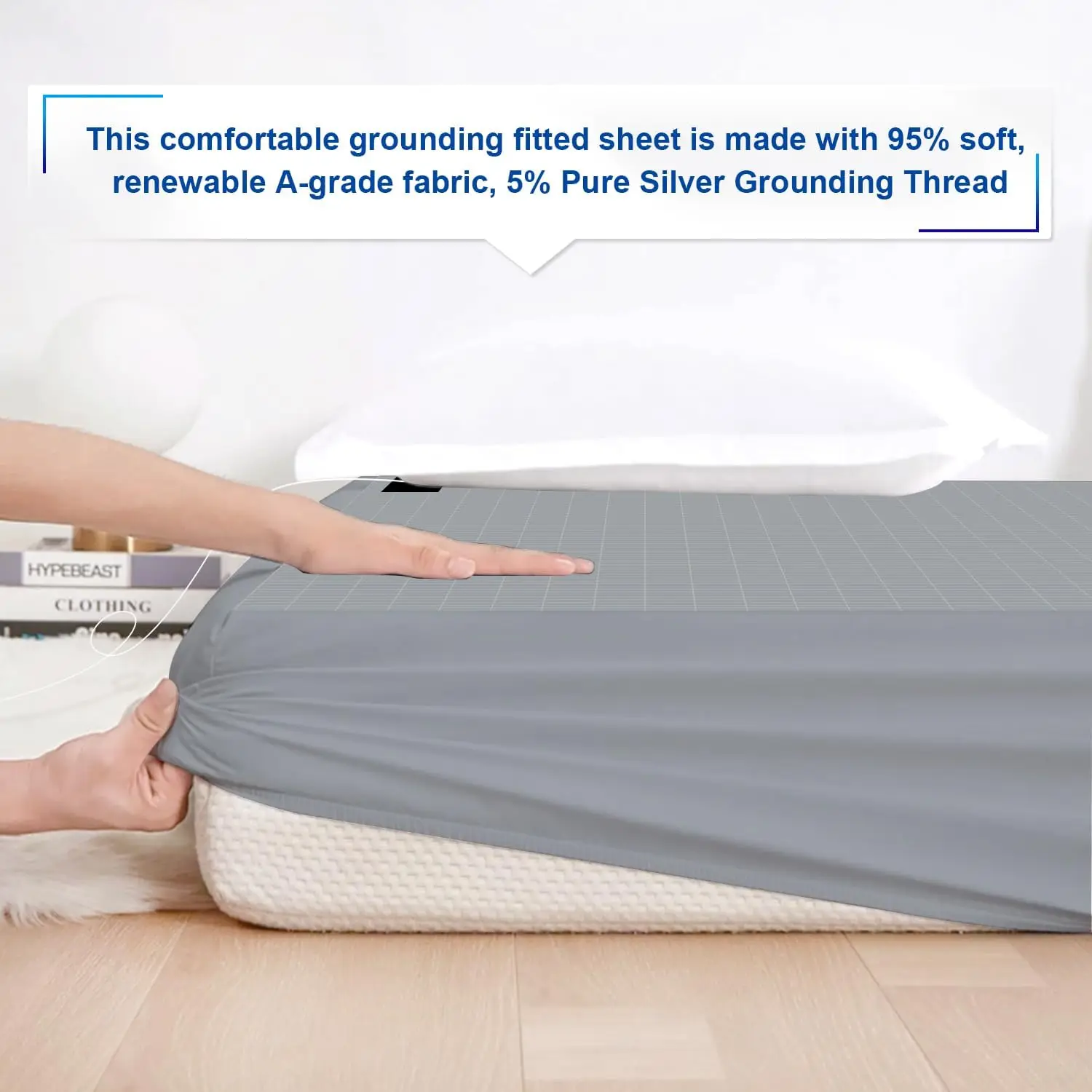 MAXSHARER Earthing 160*200*30cm Fitted Sheet Organic Cotton with Conductive Silver Fiber Grounding Bed Sheet for Nature Wellness