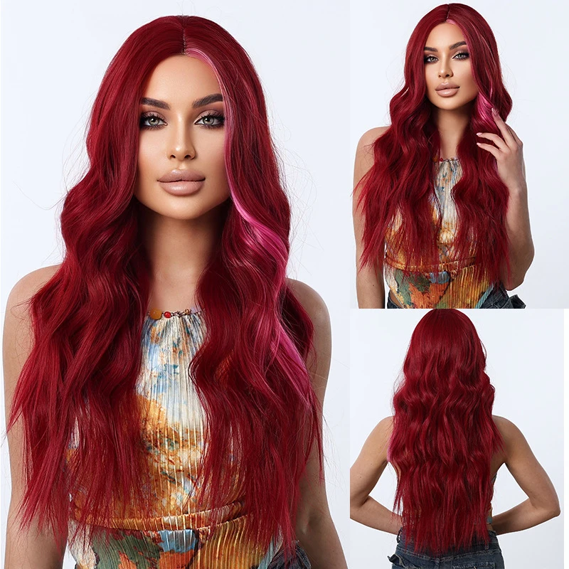 

Burgundy long curly hair women's natural voluminous wavy synthetic wig