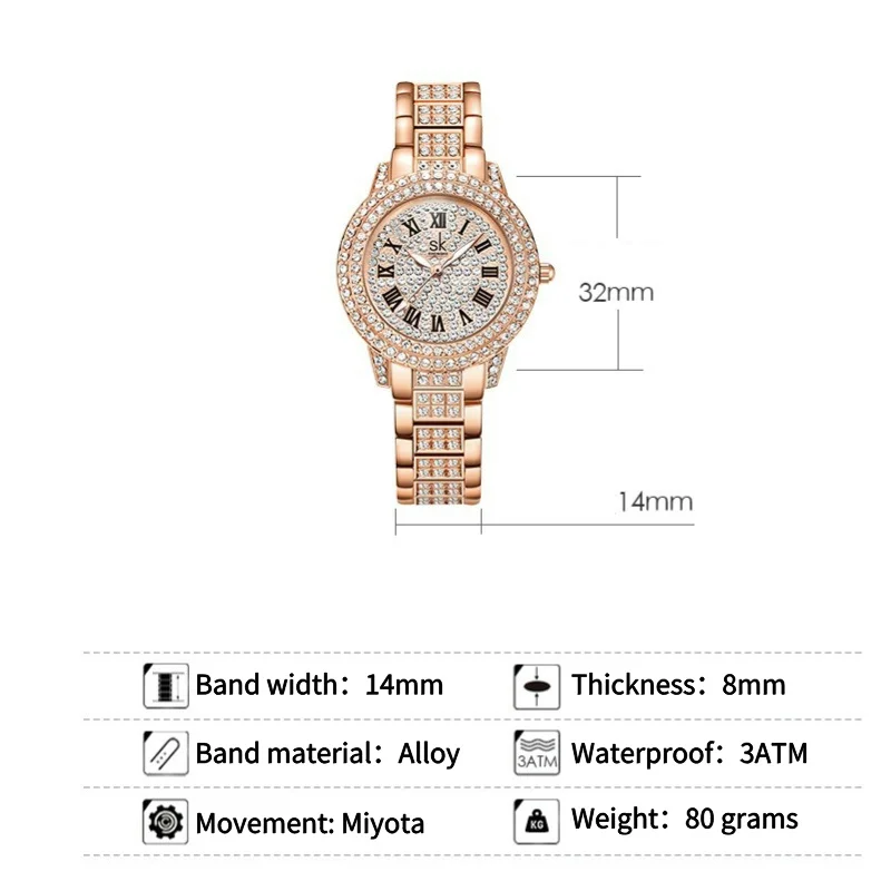 Quartz Watch for Women, Ladies' Quartz Watch, 32mm Dial with Miyota Movement, Full Body Crystal Inlay Alloy Strap 30M Waterproof