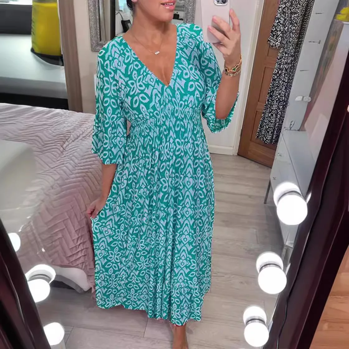 Sexy feminino decote em v meia manga borboleta floral impressão maxi vestido longo verão feminino túnica solta festa de férias vestido estilo praia
