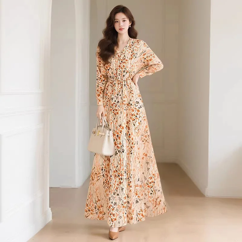 

New Women Spring Summer Long Dress Fashion V-Neck Long Sleeve Stretch Waist Floral Dress Simplicity Casual Holiday Dress Female