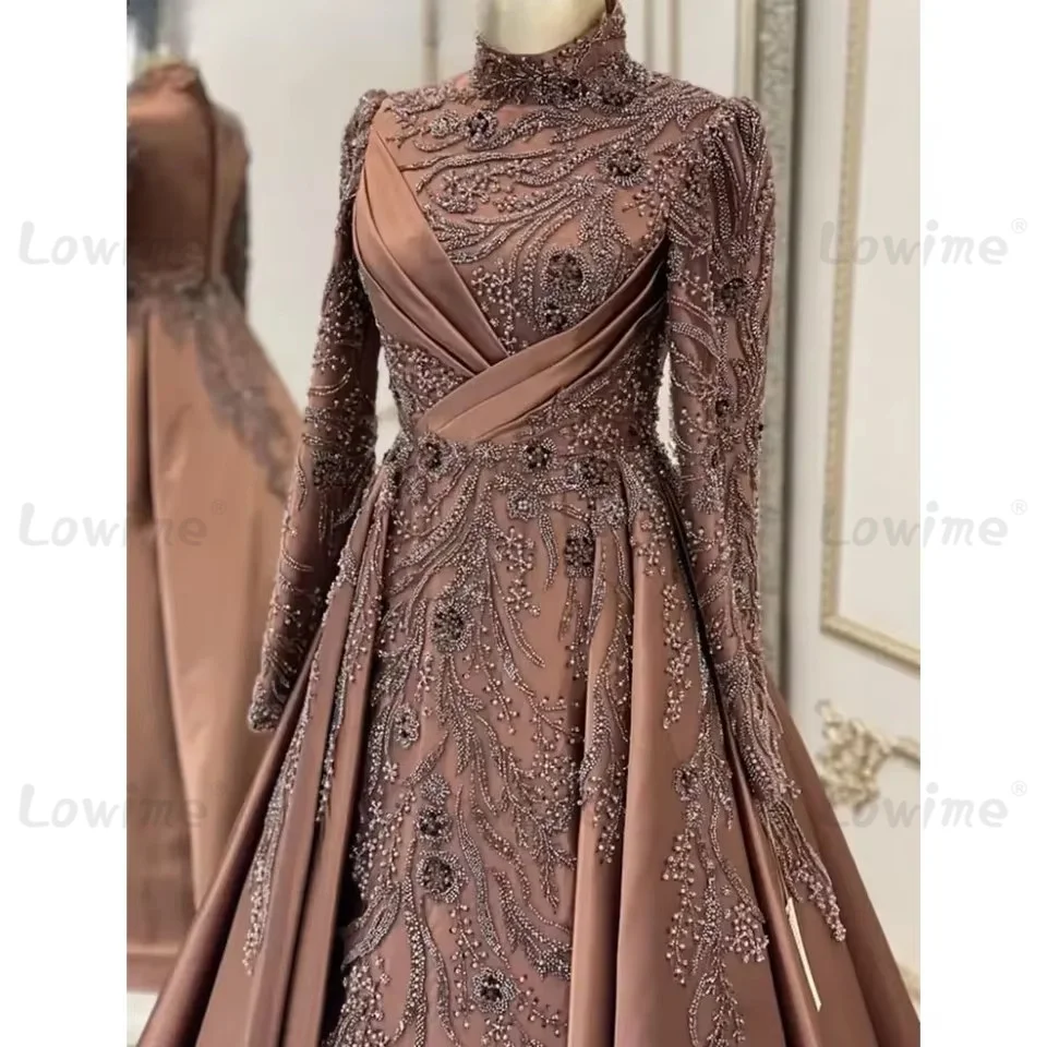 

Muslim Satin Evening Dress Elegant Women's High Neck Long Sleeves Beaded Formal Party Gowns A Line Prom Dresses 2026 Customized