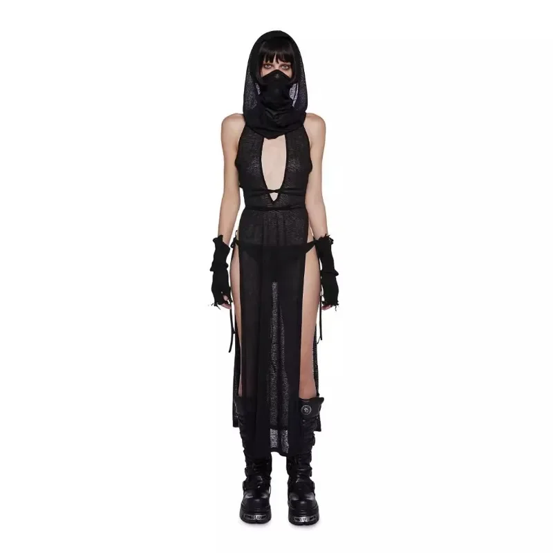Vrouwen Sexy Hoge Dij Lengte Split Capuchon Jurk Capuchon Mouwloos Vest Gewaad Vrouwen Sexy Club Bar Cosplay kostuum 2025