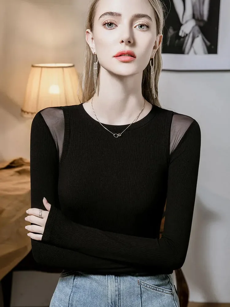 Sheer Mesh Patchwork Slim Long Sleeve Dance Top – Elegant Round Neck Classical Performance Costume for Women Girl Top