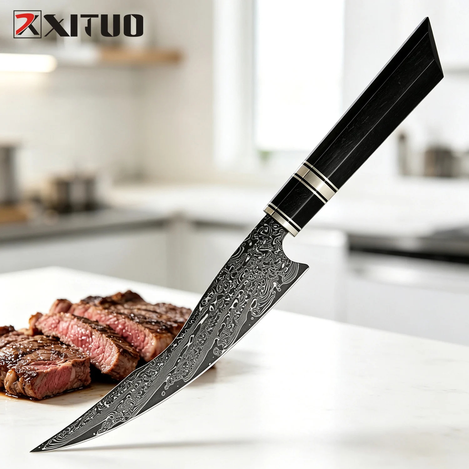 XITUO Küchen-Allzweckmesser 5" mit Achteckigem Griff aus Schwarzem Sandelholz, Damaszener Stahl Scharfes Schneidemesser für Steak, Lachs, Gemüse