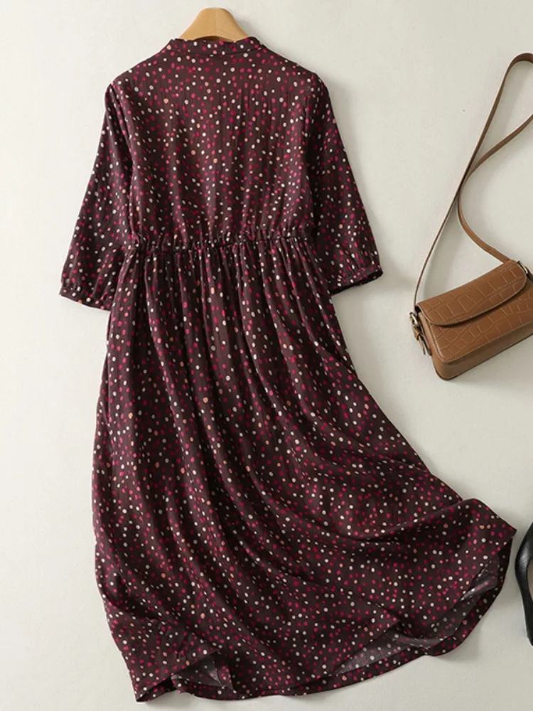 Elegant Cotton Lin Polka Dot Short Sleeve Dress Women Summer Age Reducing Waist Cinching Drawstring Slimming Midi Skirt
