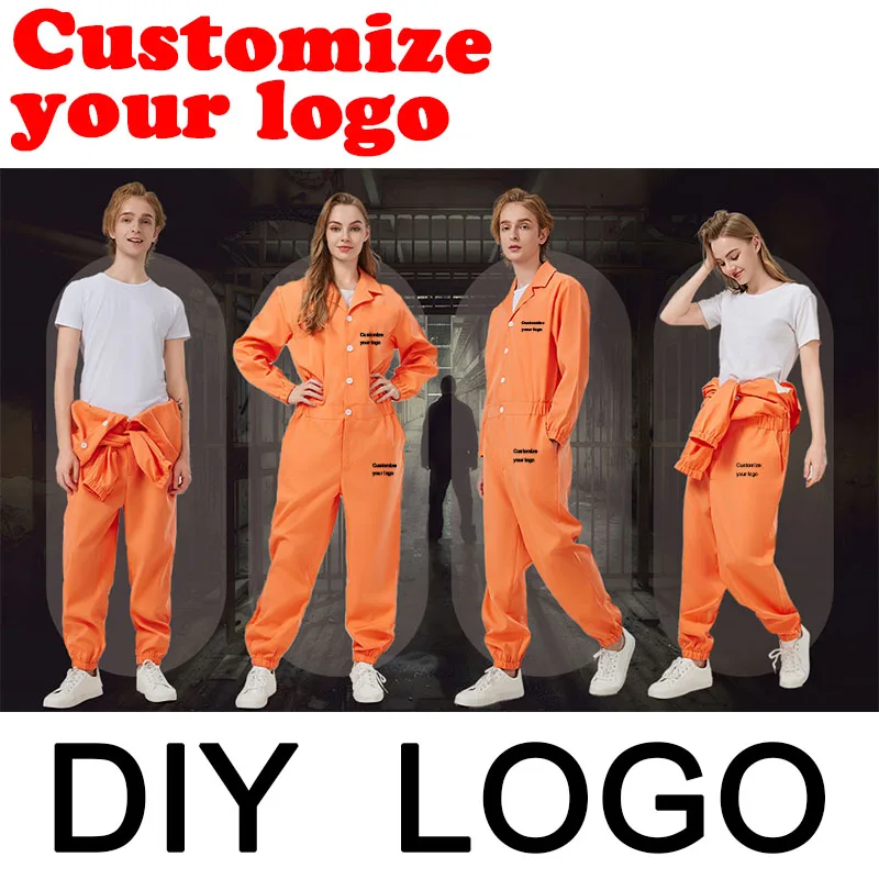 

DIY customize your logo prisoner costume Halloween adult long sleeved lapel jumpsuit cosplay prison uniform