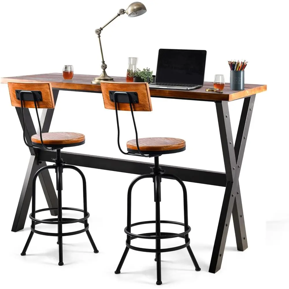 

Industrial Style Metal & Wood 3-Piece Bar Set with X-Leg Table and Swivel Barstools