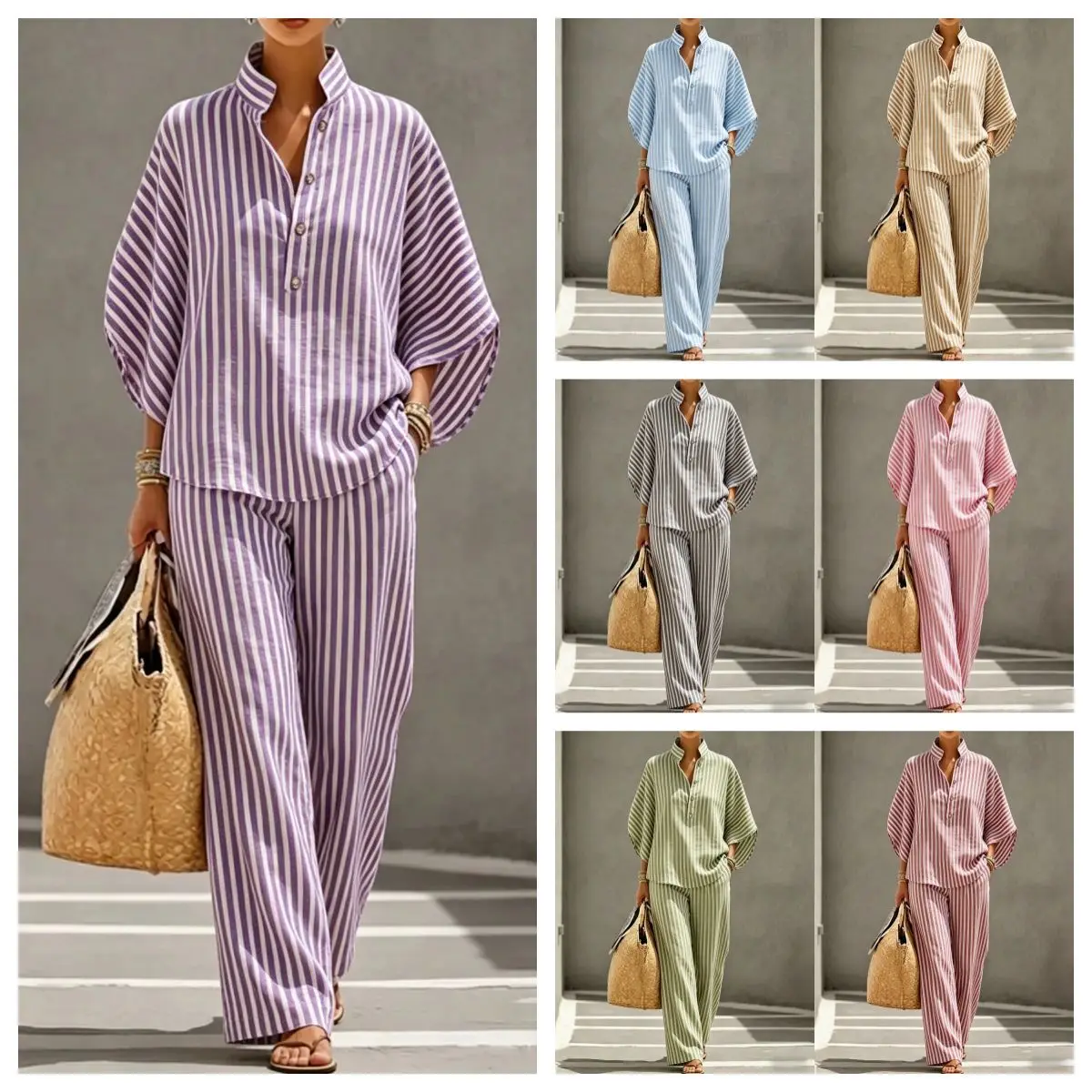 2026 European American Women's Striped Shirt Set Perfect for Vacation Casual City Style XXXL Size Fashion Long Sleeves Pants