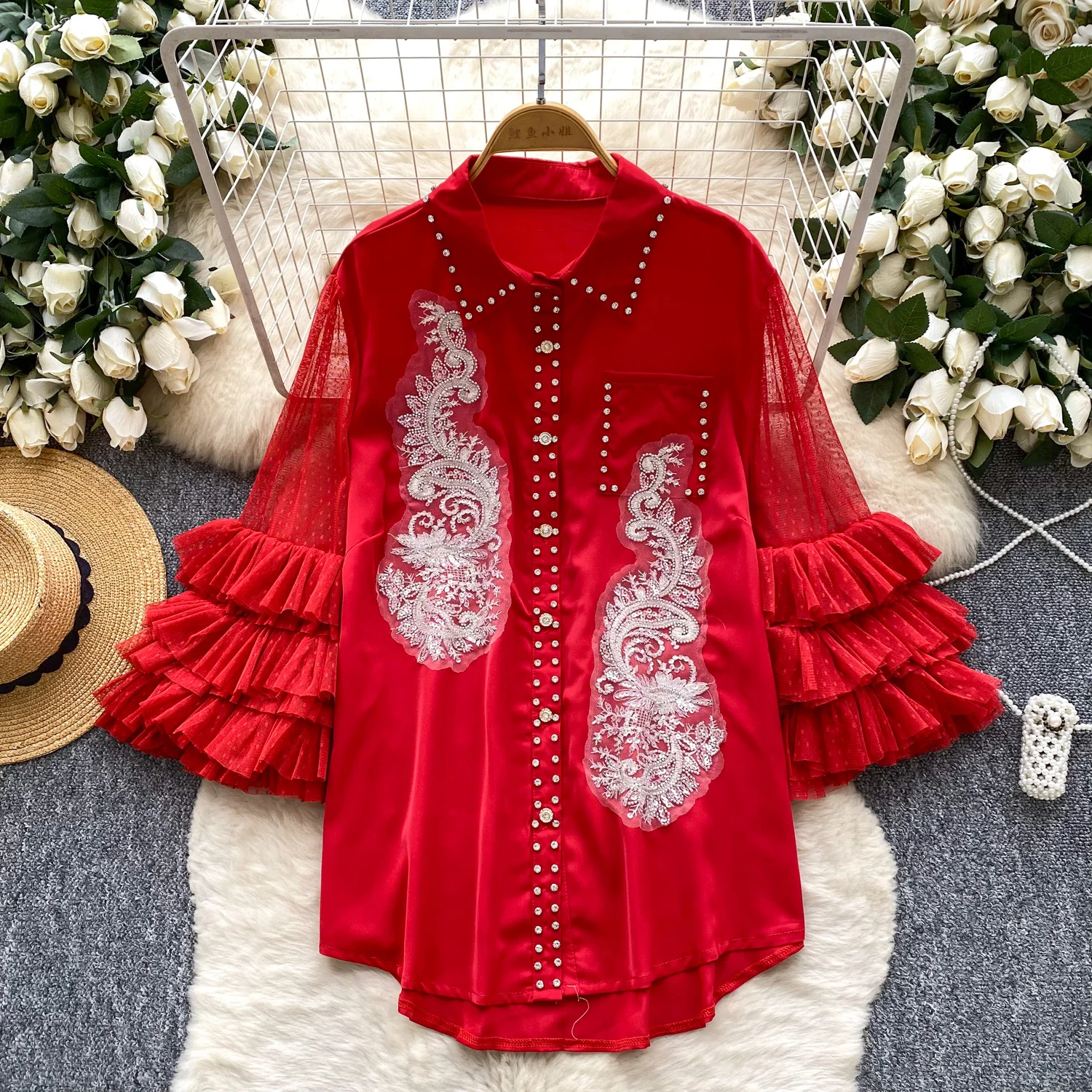 

Nail Drill Embroidery Shirt for Women 2026 Spring Autumn New Fashion Flounce Lace Long Sleeve Coats Red Splicing Satin Tops