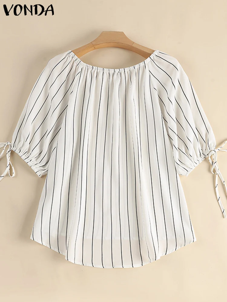 VONDA Women Fashion Blouse 2024 Elegant Striped Casual Shirts 2024 Summer Puff Sleeve Loose Tunic Tops Party Blusas Femininas