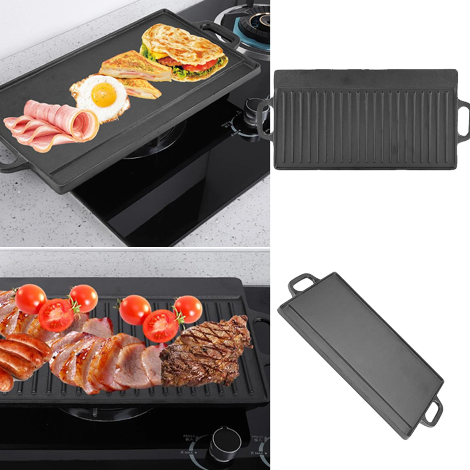 Non-Stick Cast Iron Grill Griddle Pan Ridged and Flat Double Sided Baking Cooking Tray Bakeware Non-stick Grill Pan Griddle Pan