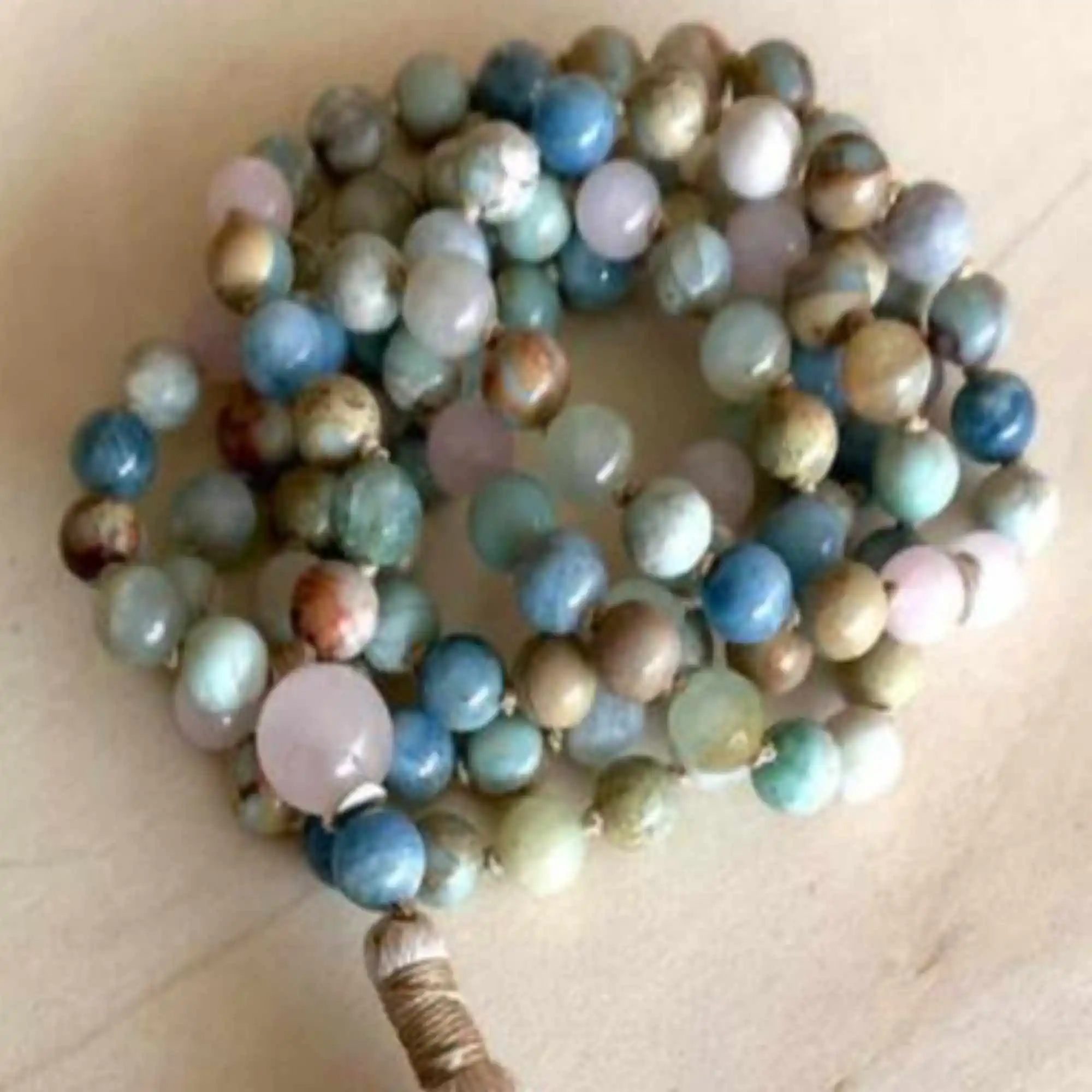 

6mm Natural 108 knot blue-gray pink crystal beads necklace Beads Pendant Spiritual Unisex Wood Crystal Mala Men