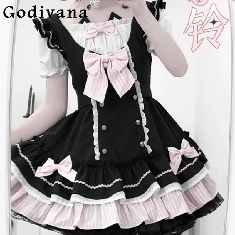 Elegant Lolita Cute Sweet Short Sleeve Square Neck Cake Dresses High Waist A-line Versatile Age Reduction Maid Japanese Dress
