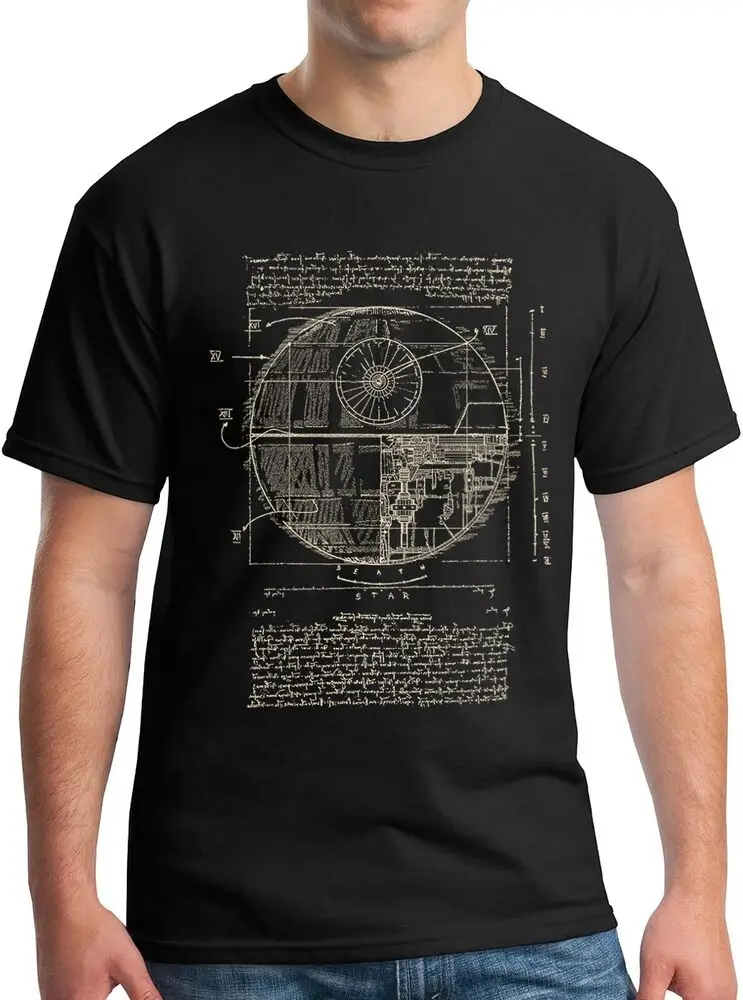 Vitruvian Leonardo Da Vinci Death Star T-Shirt Space Station Schematic Tee 100% Cotton Streetwear High Quality