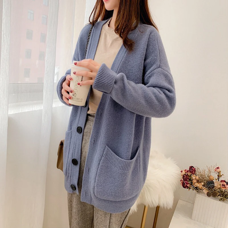 Women Spring  Cardigan With Pockets  Clothing Soft and Comfortable Coat Knitted V-Neck Long Cardigan Female Sweater Jacket