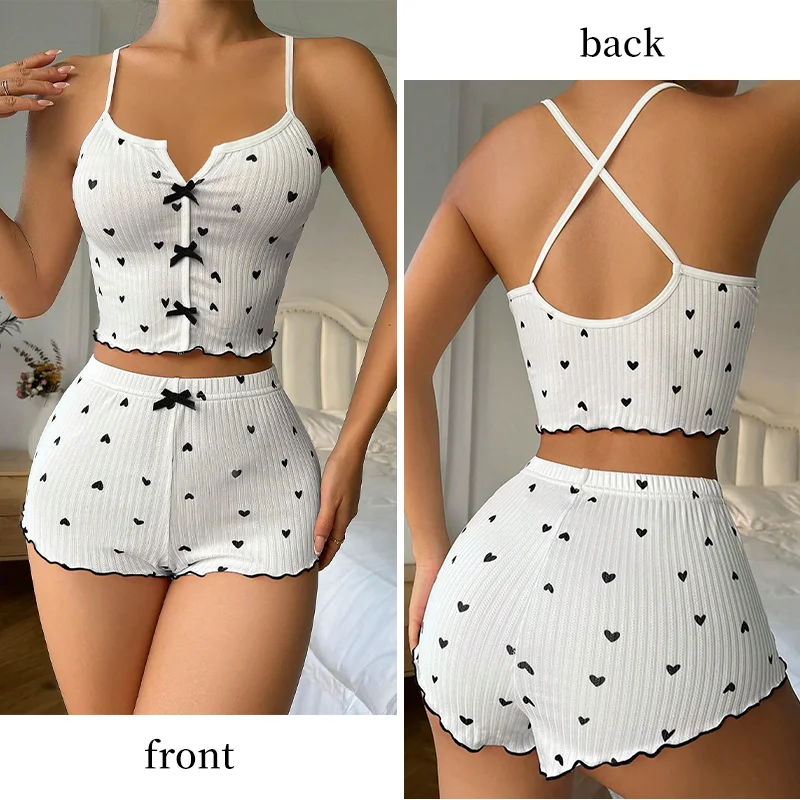 Summer Two-Piece Women's Casual Home Wear Heart-Shaped Printed Pajamas Sexy Bow Comfortable Ribbed Knitted Women's Pajamas Set ﻿