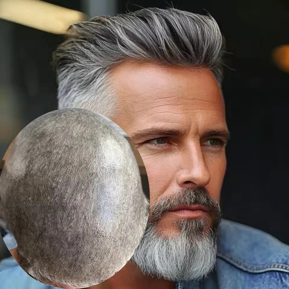 1B65 1B80 رمادي بني داكن كبار السن شعر مستعار 100% شعر بشري خط شعر طبيعي متين Microskin PU كابيلر صناعي غير قابل للاكتشاف #1