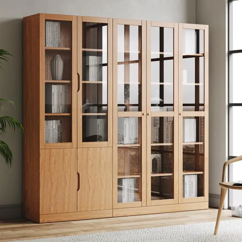 

All solid wood bookcase Nordic with glass door Modern Nordic oak floor-to-ceiling office file cabinet bookshelf Home