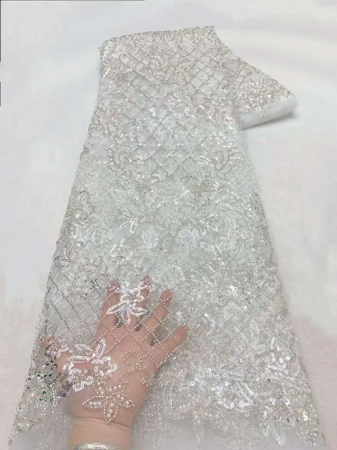 Tecido de renda com miçangas e lantejoulas para festa de casamento e vestido de Natal, elegante tule francês, bordado frisado nigeriano e francês