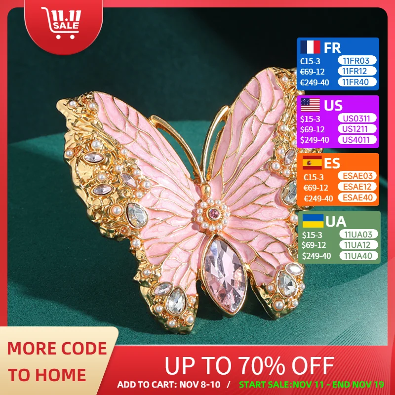 

Vintage Large Enamel Pink Butterfly Rings For Woman Size 8 Crystal Gold Color Big Cocktail Jewelry Luxury Accessories 6.4cm 2025