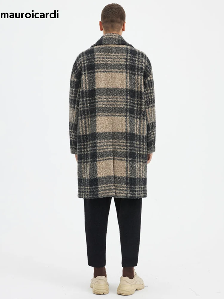 Mauroicardi Autumn Winter Long Loose Stylish Thick Warm Colorful Plaid Wool & Blends Coat Men Double Breasted Runway Fashion