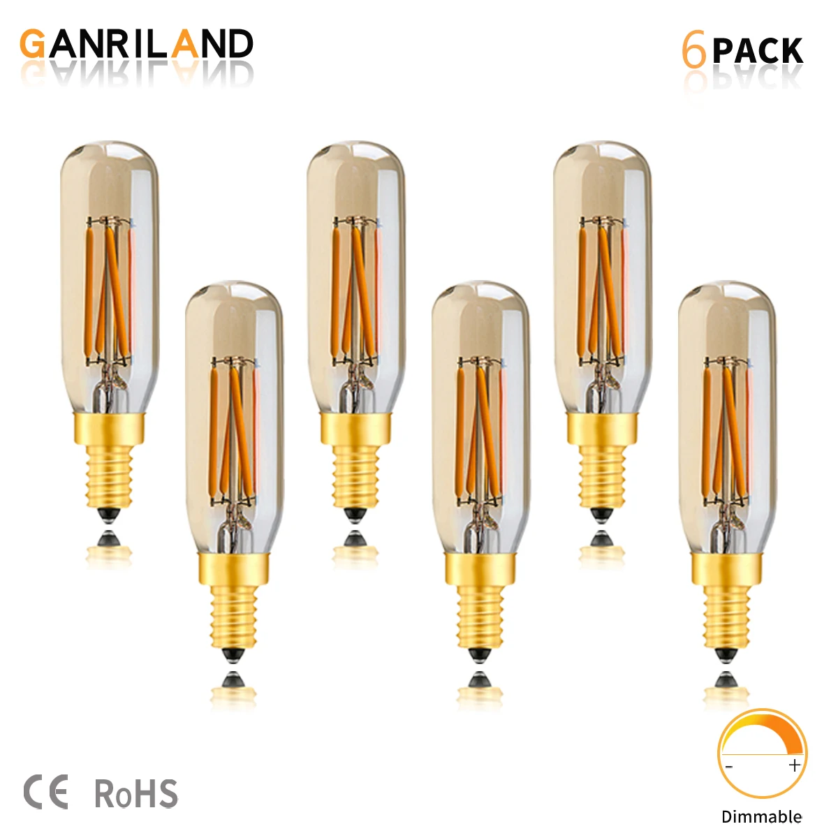 

GANRILAND Gold Tint Tubular Light Bulb Led Filament T25 T6 E12 E14 Candelabra Dimmable 4W Equal 40W Bulb For Pendant Ceiling Fan