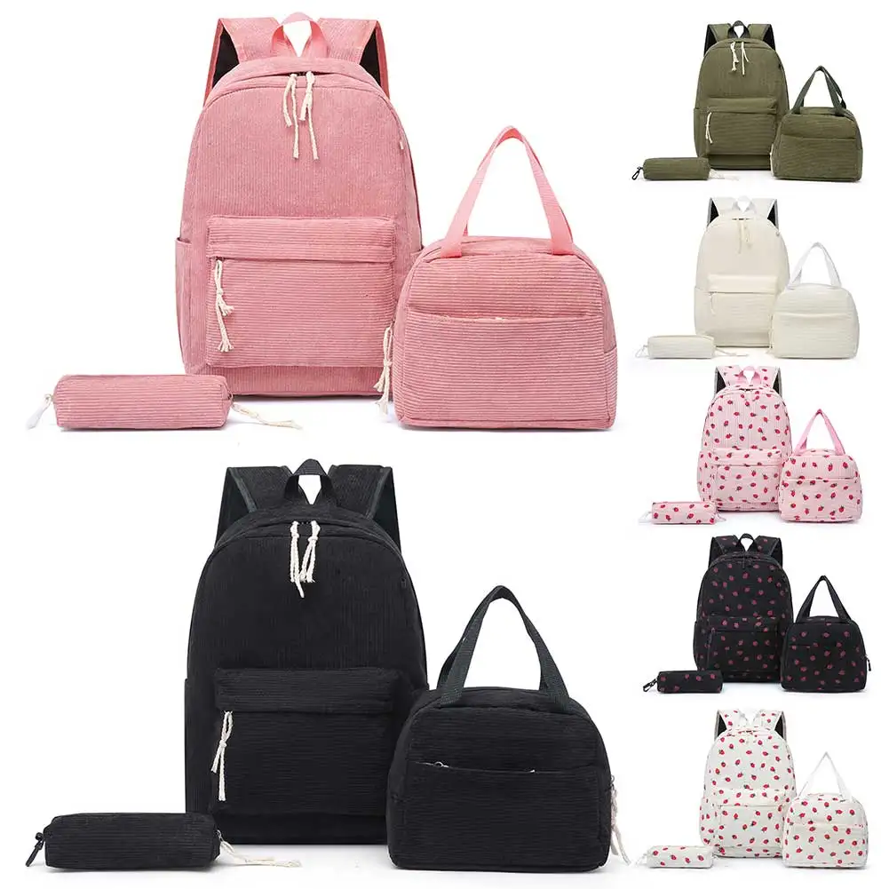 

Three-Piece Corduroy All-Match School Bag with Lunch Bag & Pencil Case Simple Backpack Set School Outdoor Backpack