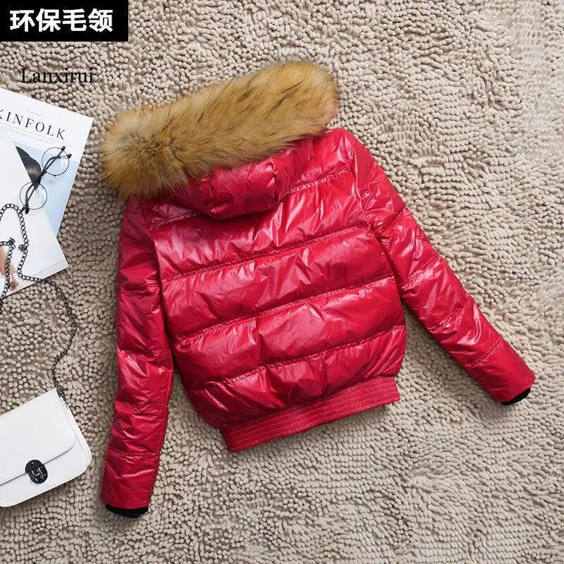 

Fake Raccoon Fur Hooded Winter Down Coat Women 90% White Duck Down Jacket Thick Warm Parkas Female Short Design Outerwear