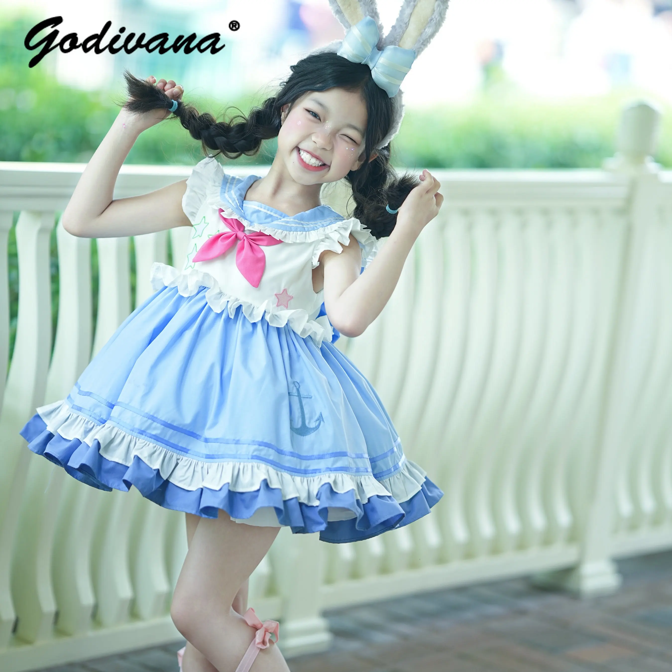 Original Sweet Baby Girls Sailor Princess Tutu Dress 2026 Summer New Fashion Cute Cartoon Ruffle Trim Feifei Sleeve Ball Gown