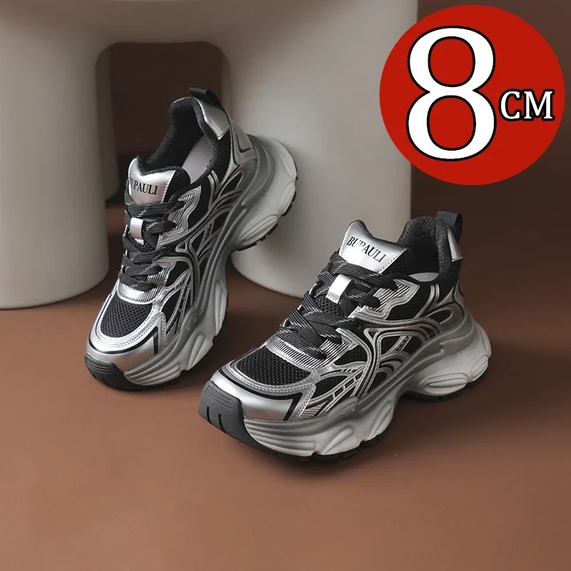 

Кроссовки-лифты для мужчин и женщин, сетчатые однотонные лоскутные кроссовки на толстой подошве, увеличивающие рост 8 см, весенняя обувь для отдыха на шнуровке, унисекс