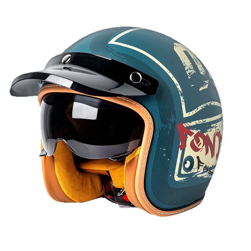 Motorcycle Retro Helmet 3/4 Cruise Autumn and Winter Unisex Electric Vehicle Half Helmet Built-in Lenses Locomotive Riding Helm